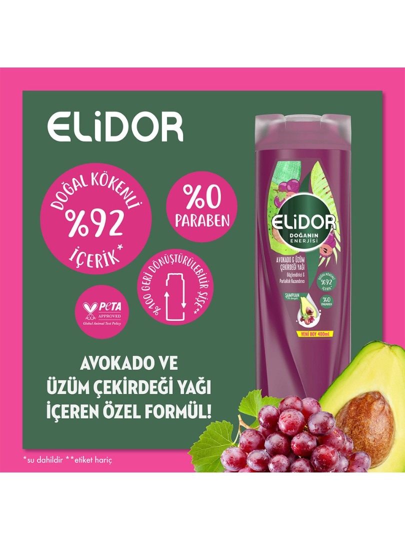 Elidor Doğanın Enerjisi Saç Bakım Şampuanı Avokado ve Üzüm Çekirdeği Yağı 400 ml