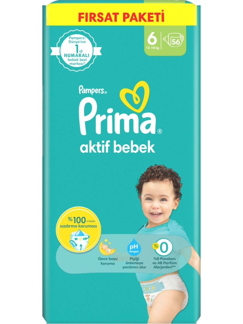 Prima Bebek Bezi Aktif Bebek 6 Beden 56 Adet Mega Paket